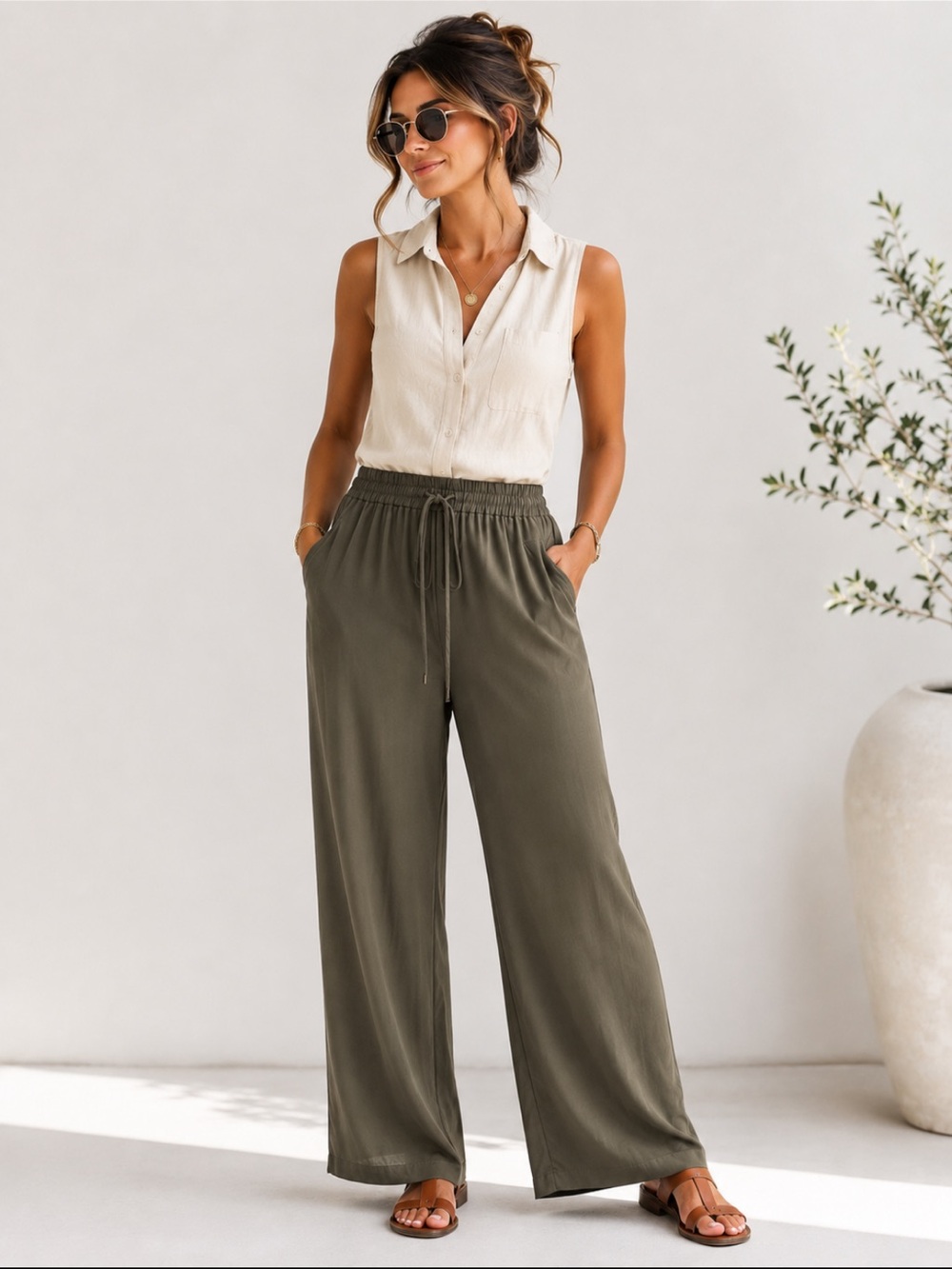 Trina Turk NEW Wide leg Pant Olive Pull on style size Medium